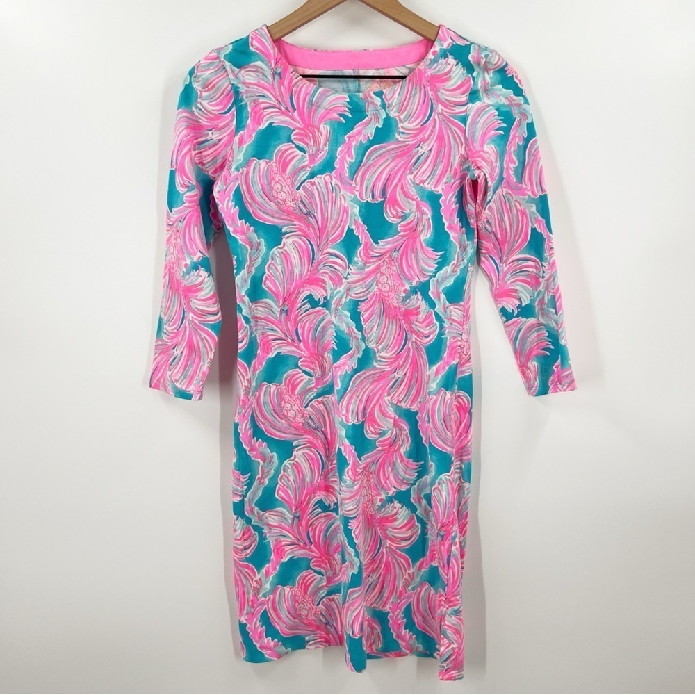 Lilly Pulitzer Charley Dress 3/4 Sleeve Casual Cotton Vibrant Pink Blue